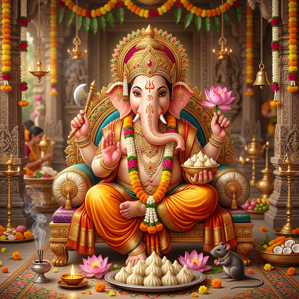 Lord Ganesh idol seated on ornate throne holding lotus and sweets surrounded by traditional decorations